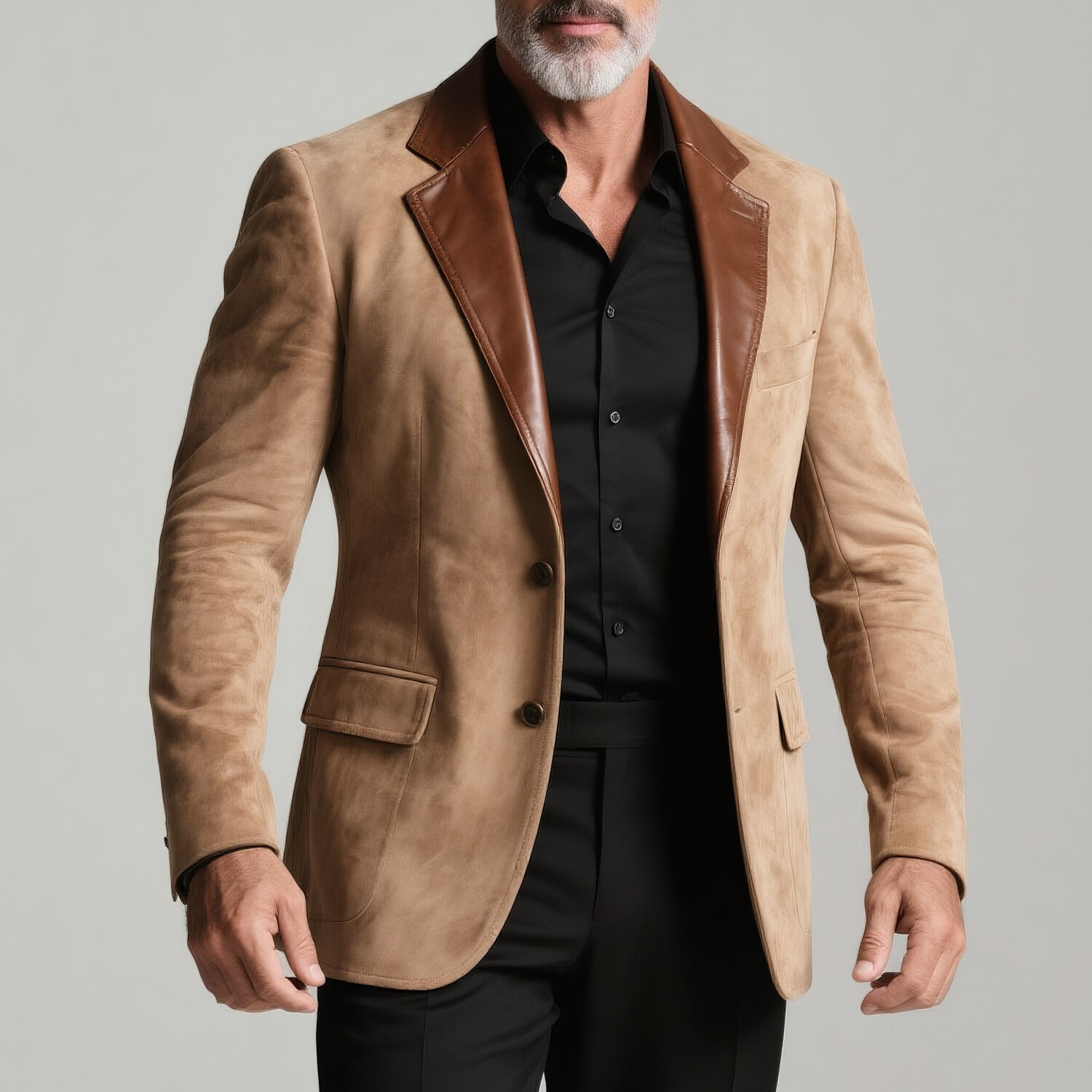 Men's PU Leather Notched Lapel Two Button Long Sleeve Suede Blazer
