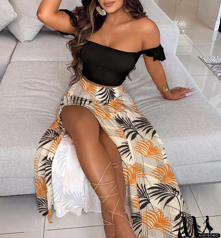 MidiSono - Women's Contrast Print Off-the-Shoulder Two-piece Set