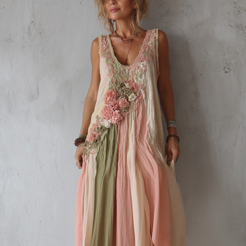 Women's Vintage Rose Floral Color Block Pattern Sleeveless Dress
