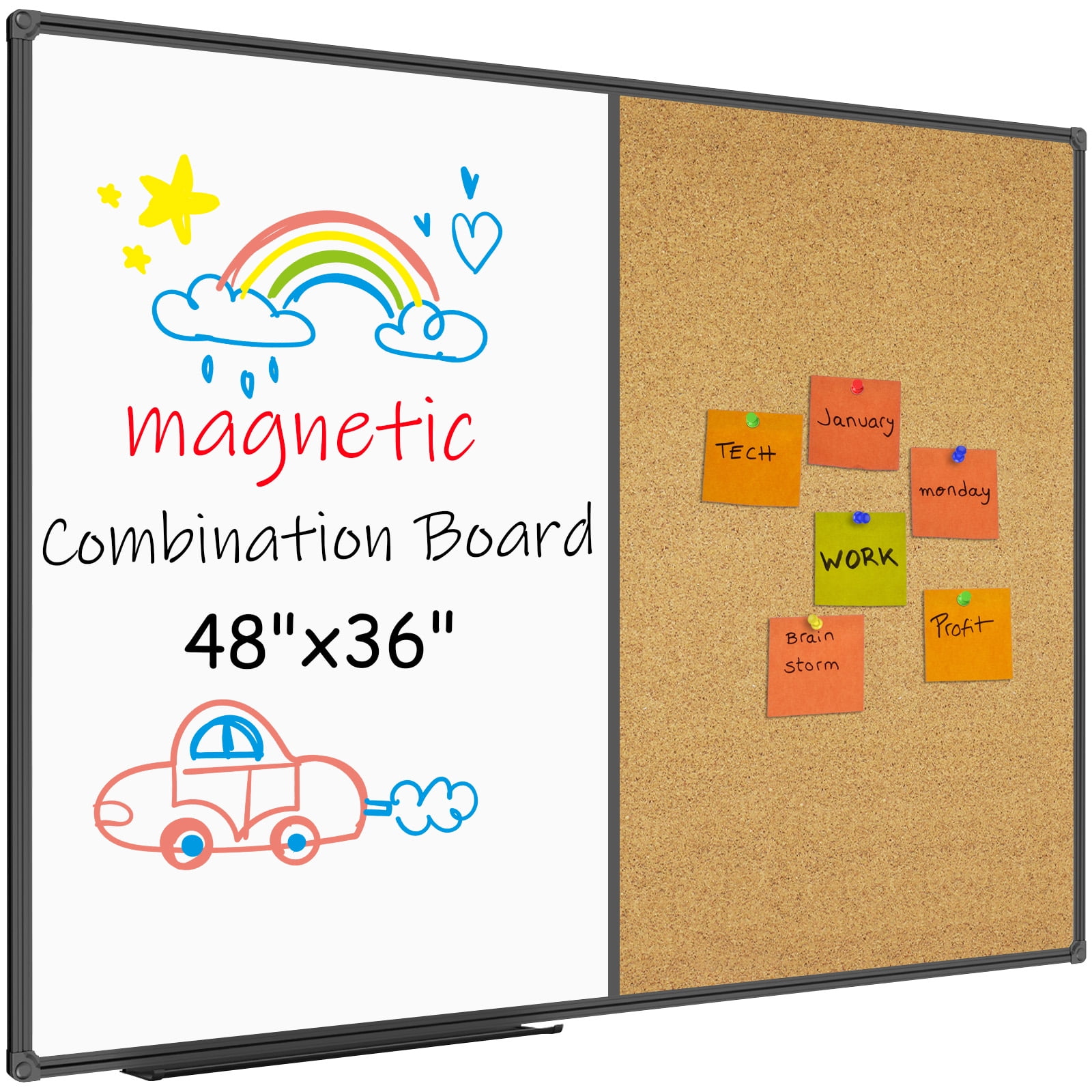 JILoffice 2 in 1 Combo Board, 48" x 36", Black Aluminum Frame, Magnetic, with 10 Push Pins, Marker Tray