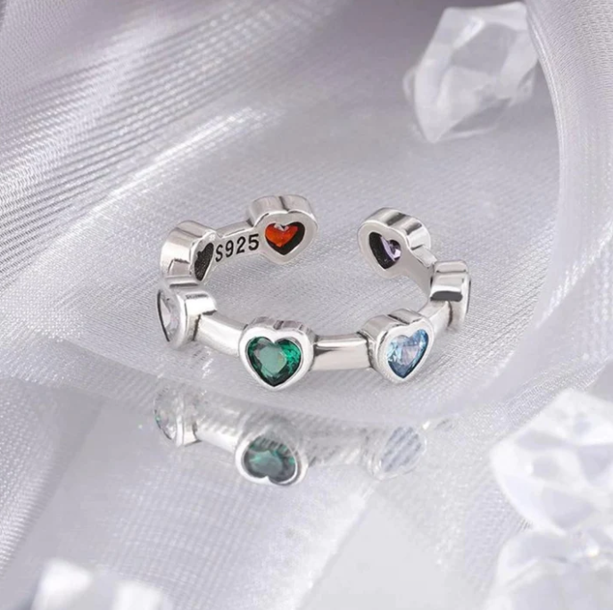 Adjustable Multicolor Hearts Ring in Silver