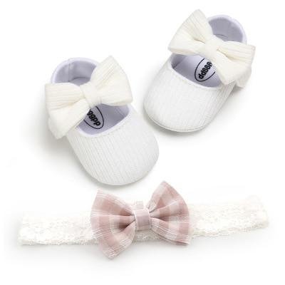 2020 Baby First Walkers Toddler Girl Crib Shoes Baby Bowknot Soft Sole Prewalker Dress Solid Shoes + Headband 2Pcs