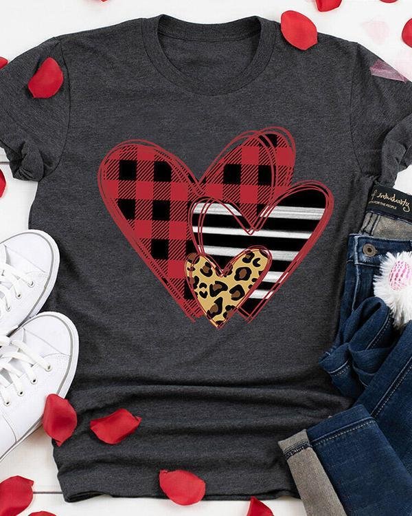 Striped Plaid Leopard Printed Splicing Heart T-Shirt Tee - Chicaggo