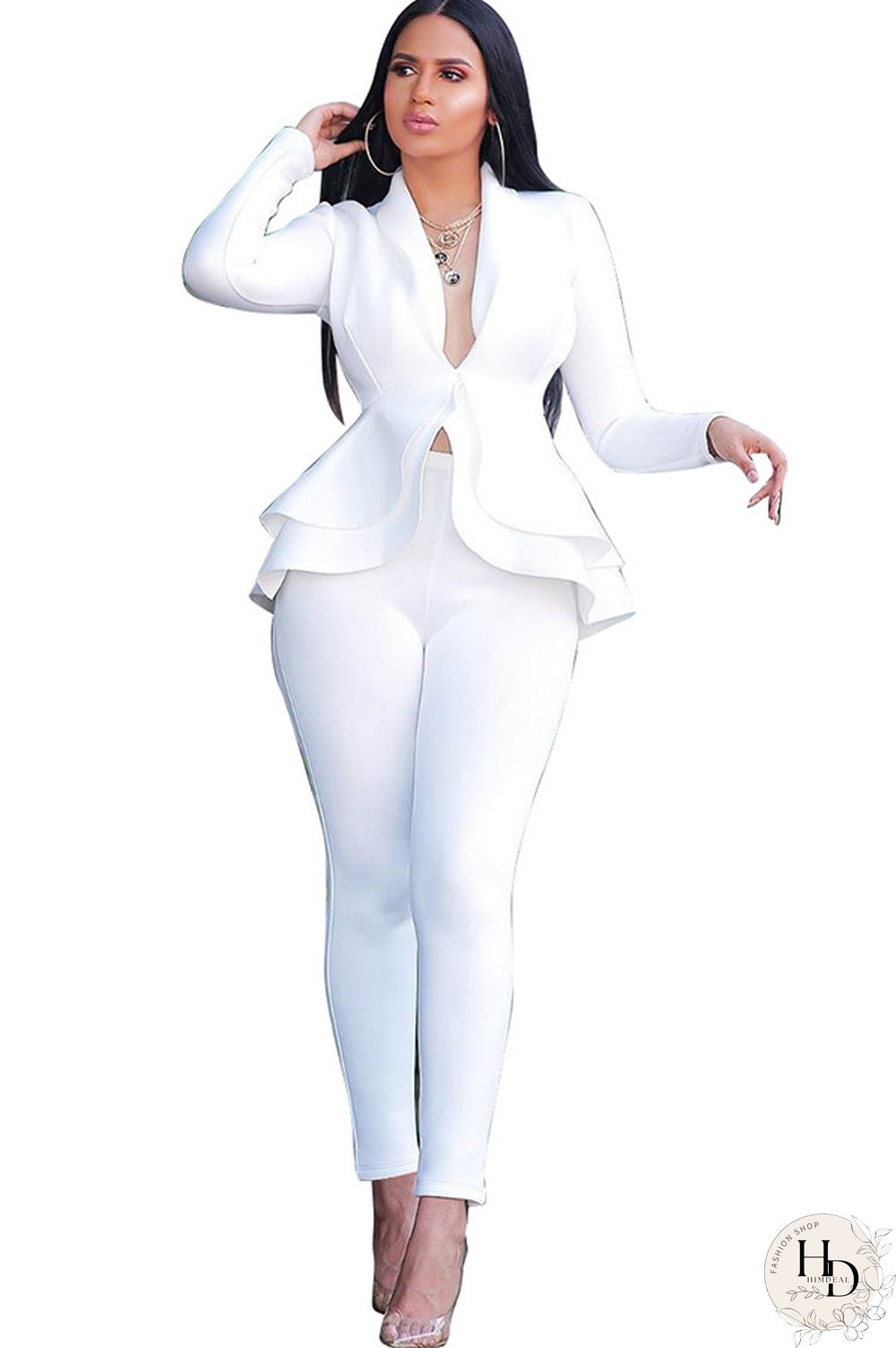 Black Casual Two Piece Suits Patchwork ruffle Solid pencil Long Sleeve