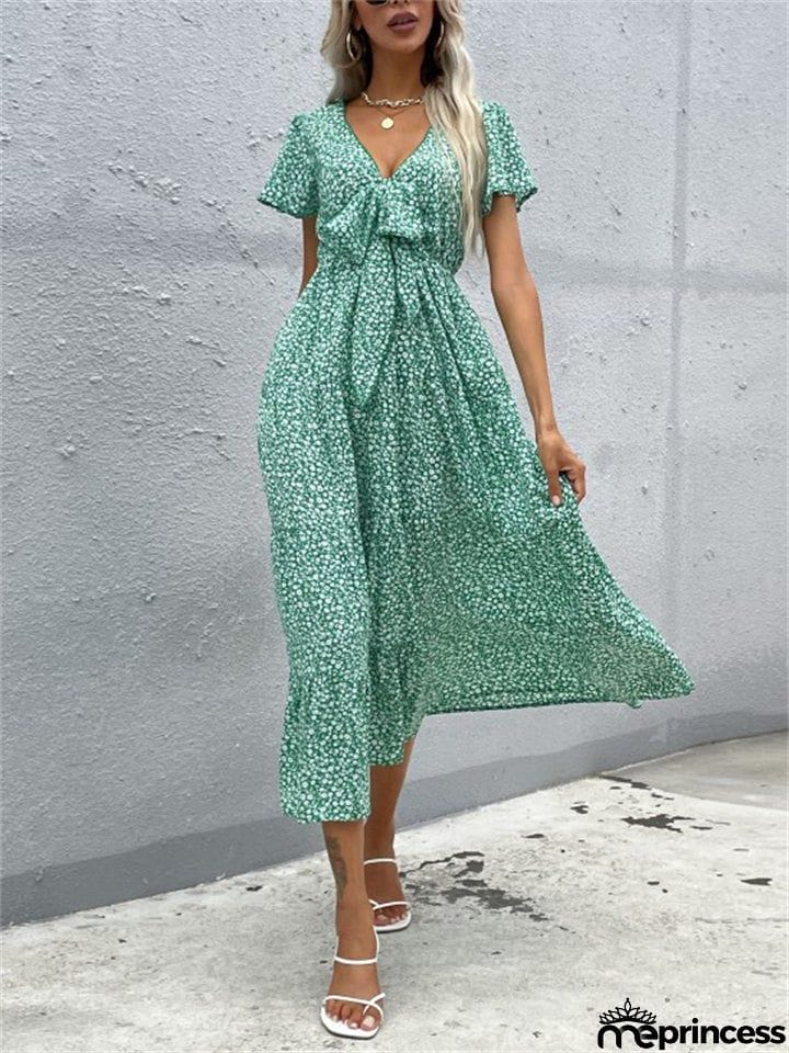Stylish Elegant Slim Green Printed V Neck Short Sleeve Dresses