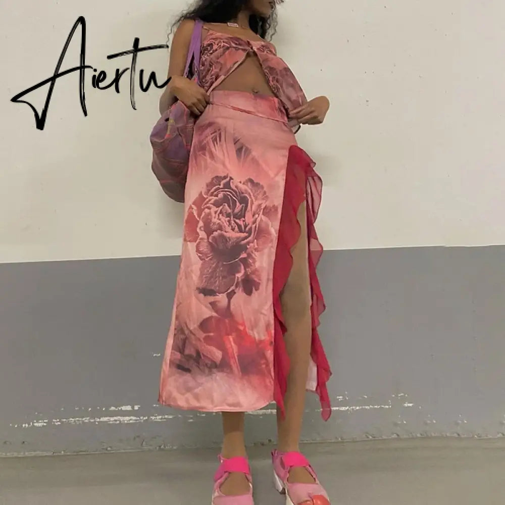 Y2K Aesthetic Fairy Floral Print Midi Skirts 90s Vintage High Waist Split Ruffles Long Skirts Womens Beach Holiday Streetwear Aiertu