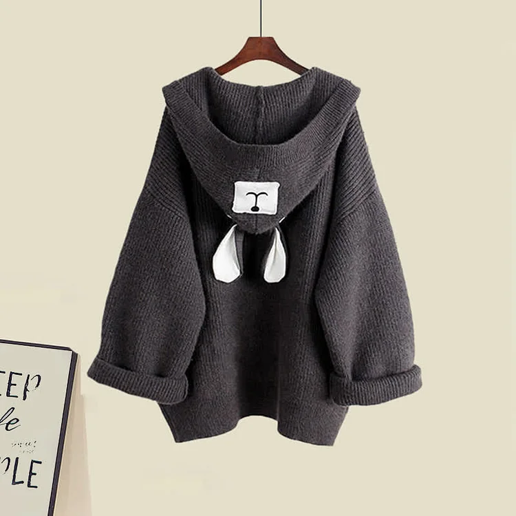 Bear Ears Hooded Cardigan Sweater Lapel Shirt Denim Pants Three Pieces Set - Modakawa modakawa