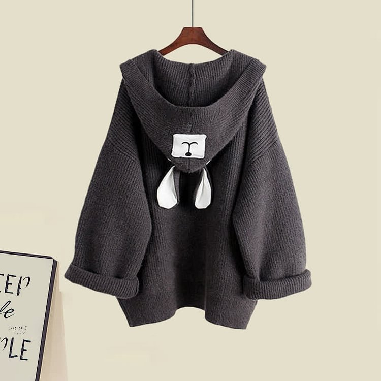 Bear Ears Hooded Cardigan Sweater Lapel Shirt Denim Pants Three Pieces Set