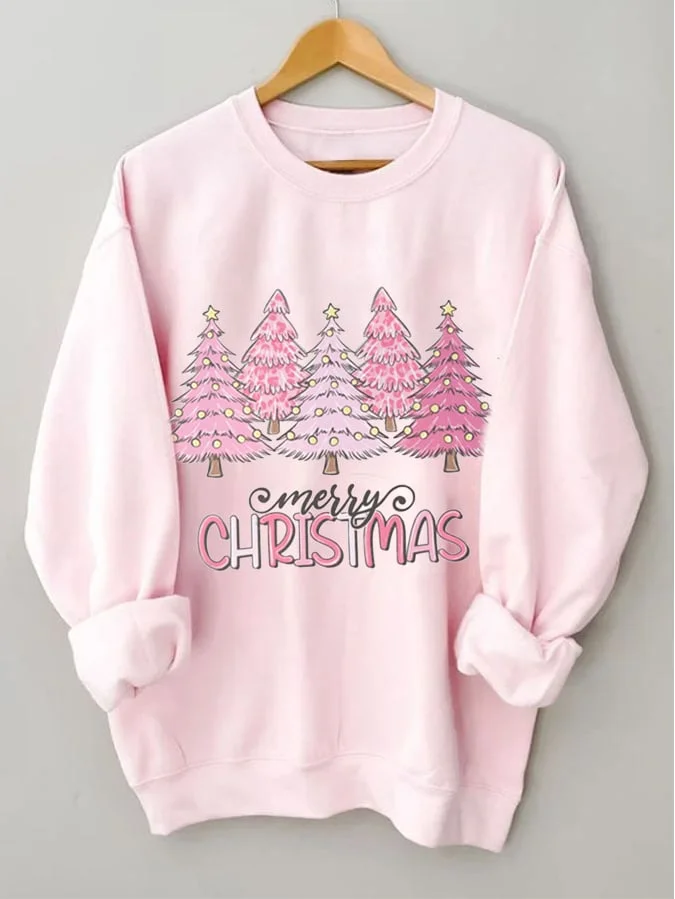 Women's Pink Tree Merry Christmas Print Casual Sweatshirt socialshop