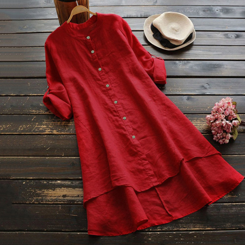 Vintage Button Cotton Linen Midi Dress