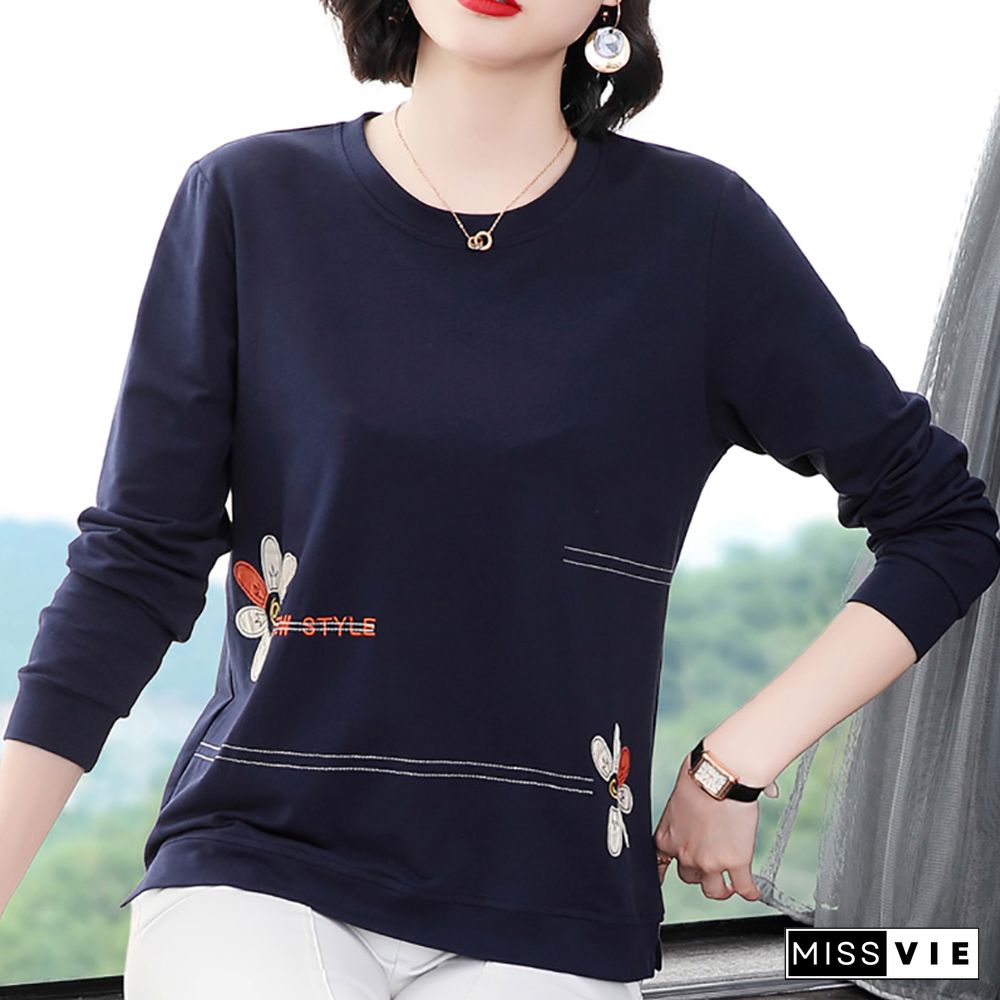 Shintimes Floral Letter Embroidery Long Sleeve T Shirt Women Spring Autumn T-Shirts Loose Clothes Cotton Tee Shirt Femme