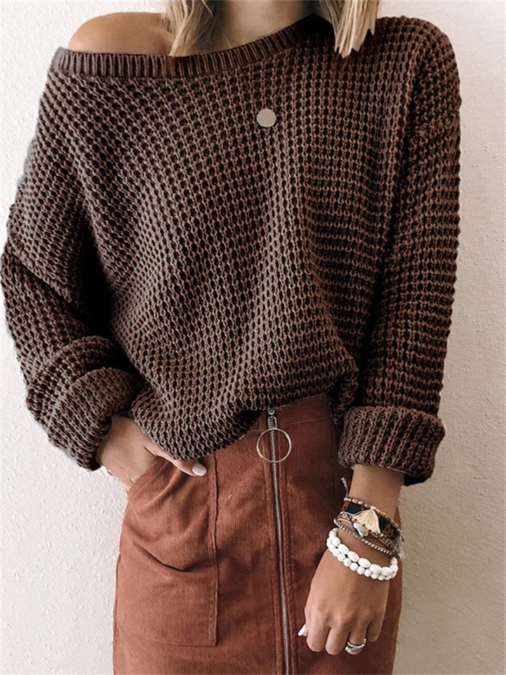 Solid Color Round Neck Vintage Knitting Pullover Sweater