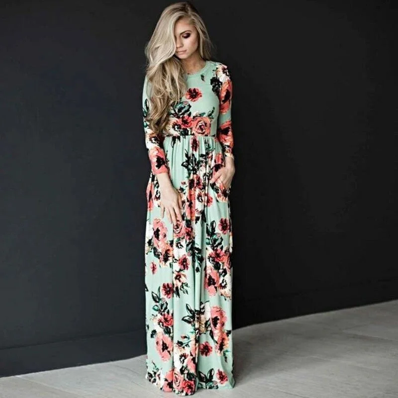 Long Sleeve Round Neck Floral Dress