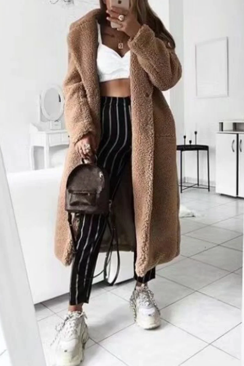 Brown Casual Solid Cardigan Turndown Collar Outerwear