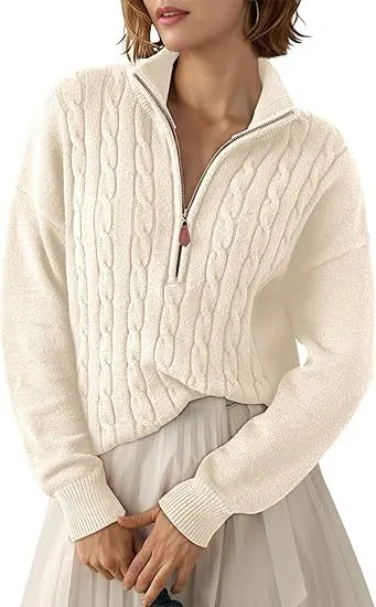Women Half Zip Cable Knit Sweater