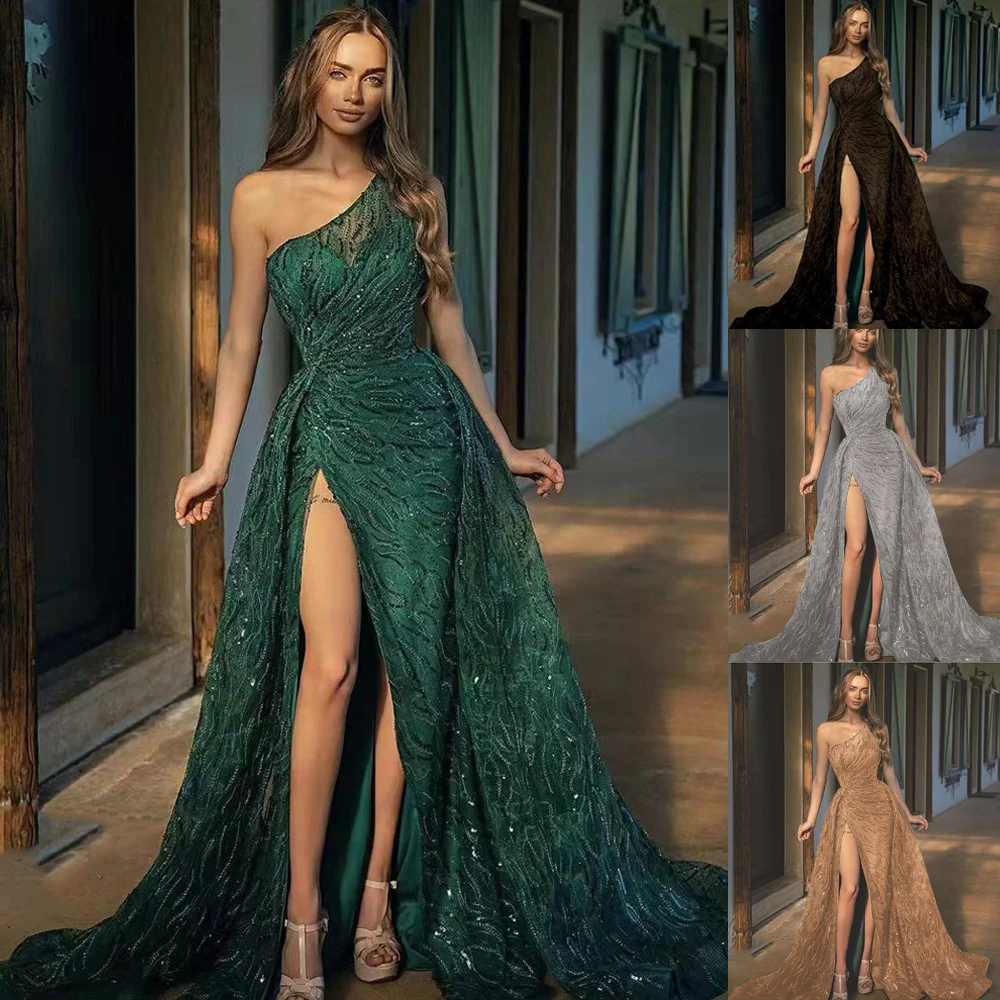 Uveng Uveng Spring Summer New Women's Slanted Shoulder Fork Dress Toast Dress Glide Sling Evening Dress