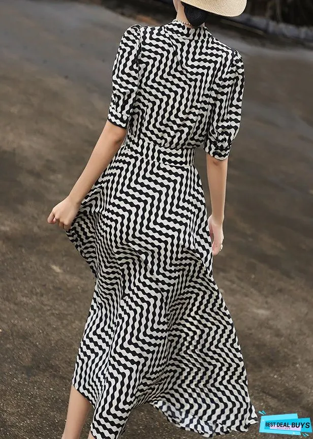 Women Black Striped Tie Waist Chiffon Dresses Summer
