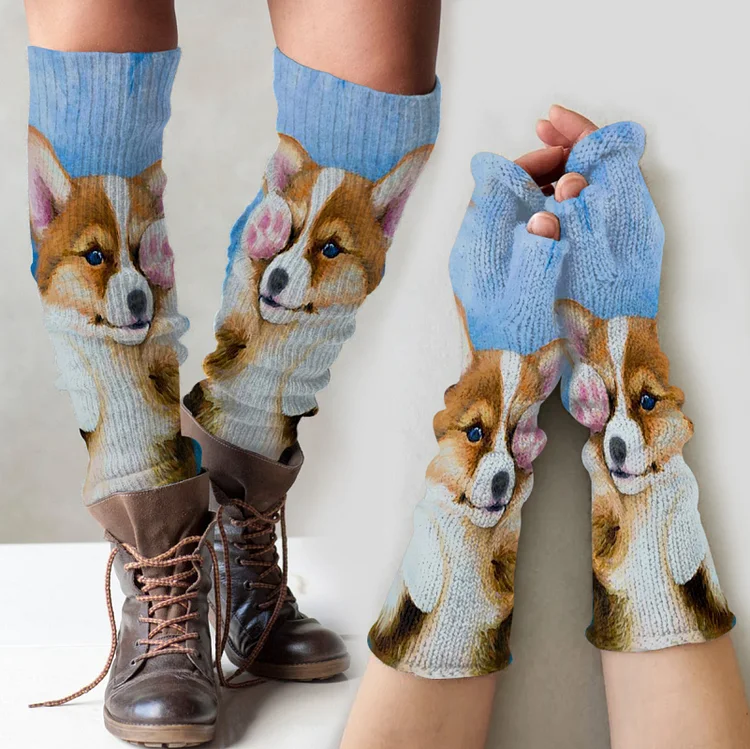 (Ship within 24 hours)Vintage corgi puppy print knitted leg warmers + fingerless gloves set