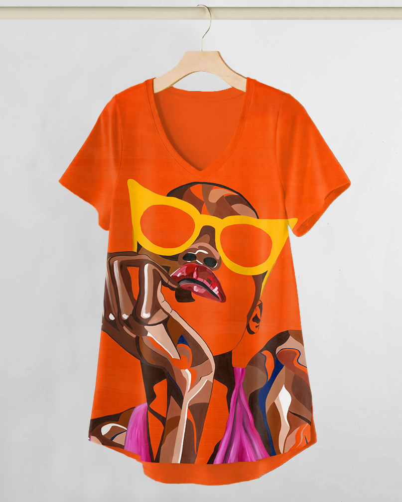 Strong Powerful Woman V-neck Irregular Short Sleeve T-shirt