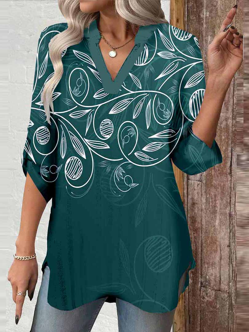 Women Foliage, Dark Green, White DZGA0446 3/4 Sleeve V-neck Printed Graphic Button Tops