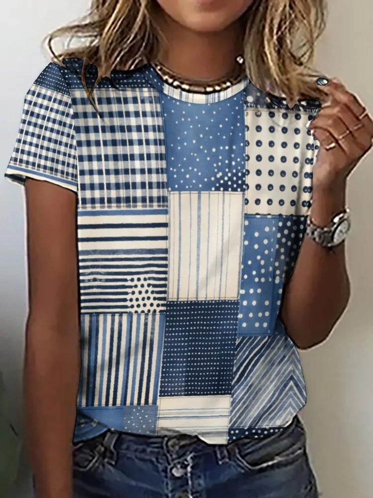 Style & Comfort for Mature Women Printed Short Sleeve Casual T-shirt for  Women and Men Unisex Pattern Patchwork, Blue, Denim