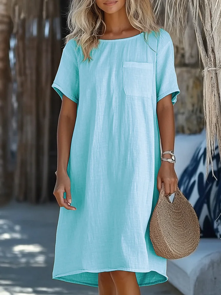 Women's Casual Short-sleeved Round Neck Pocket Cotton Linen Straight Dress