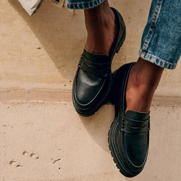 Black Platform Loafer Shoes Women's Classic Round Toe Block Heel Vintage Pumps |FSJ Shoes