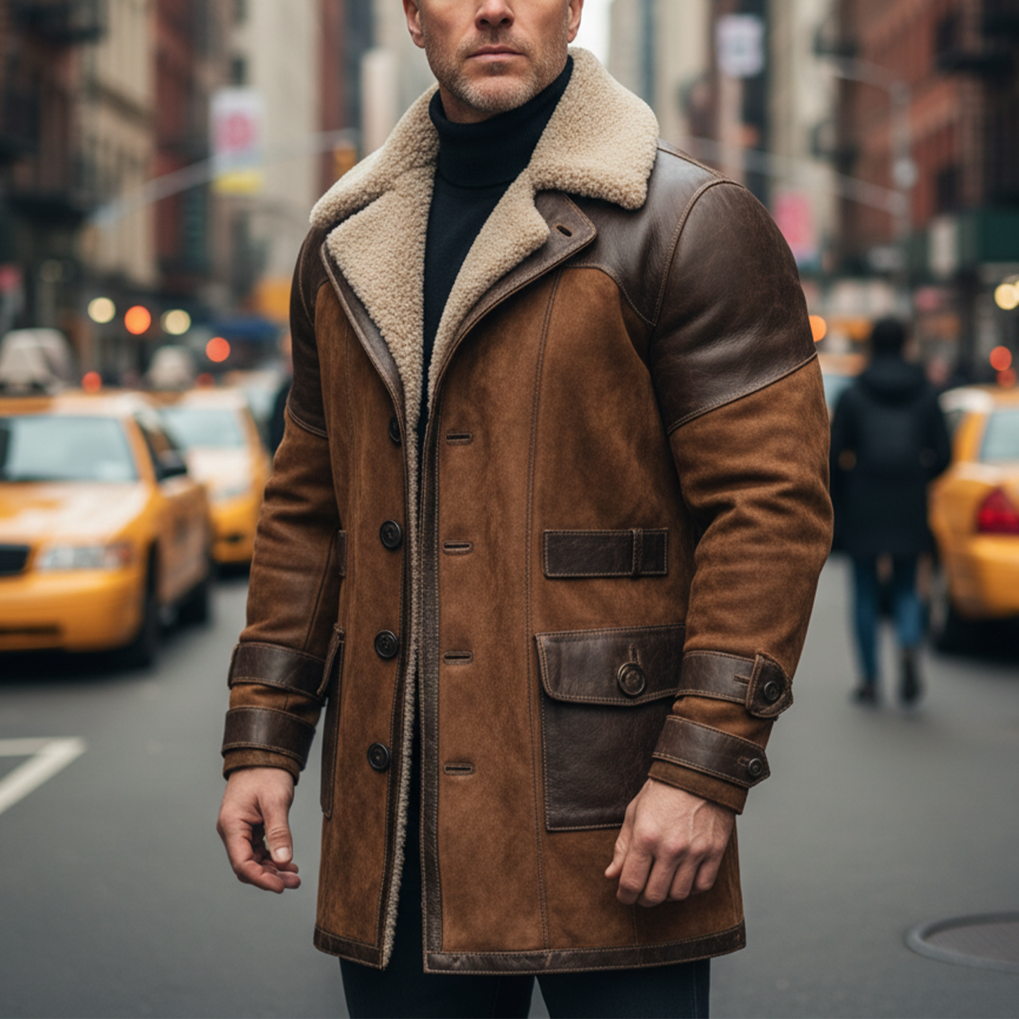 Men's Vintage Brown Suede Leather Shearling Coat