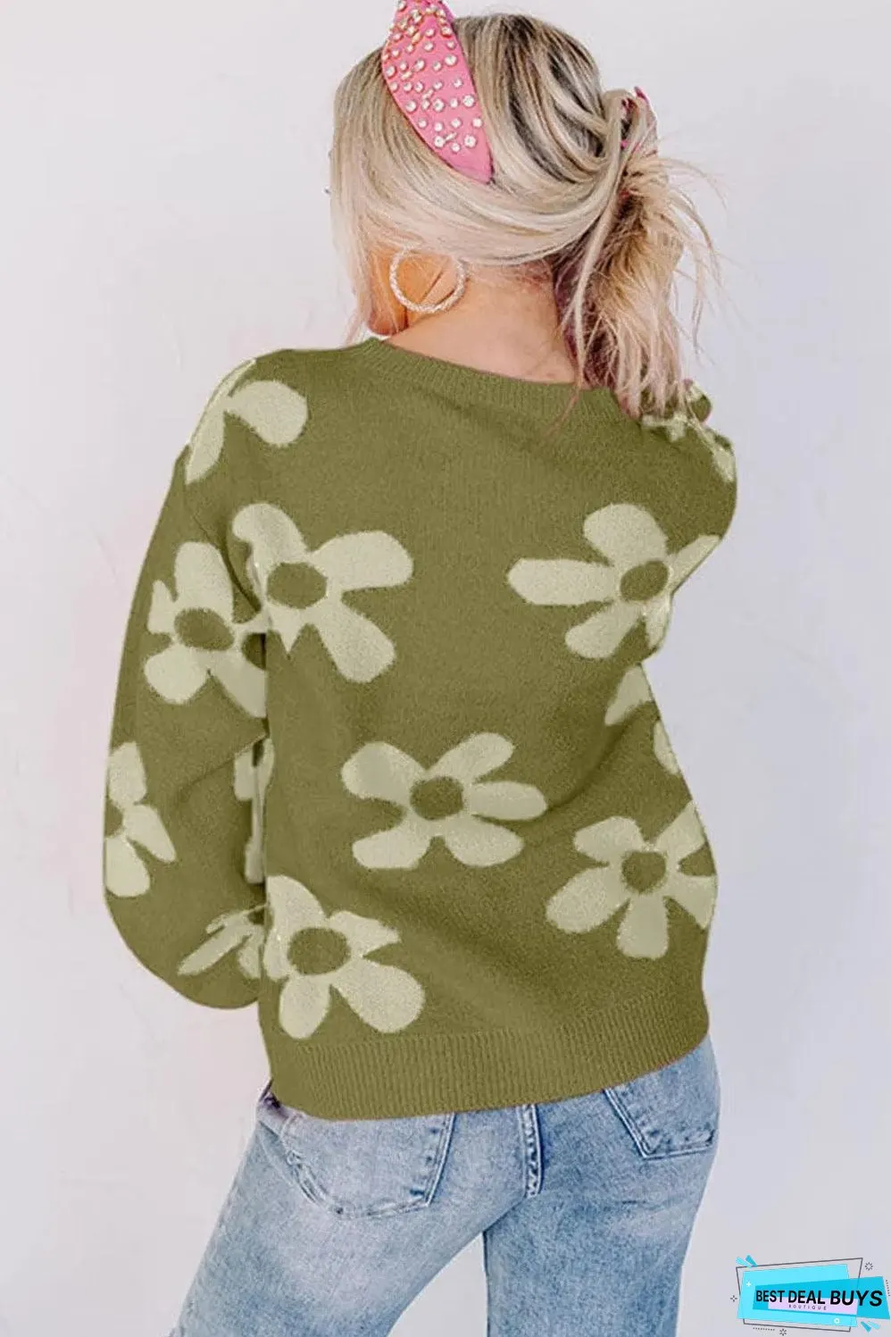 Spinach Green Big Flower Knit Ribbed Trim Sweater