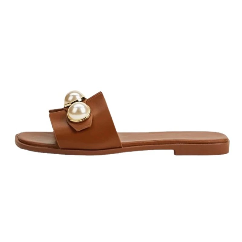 Qengg New Women's Slippers Fashion Casual Pearl Solid Color Flats Simple Outdoor Comfort Soft Sole Beach Sandals Sandalias Femininas