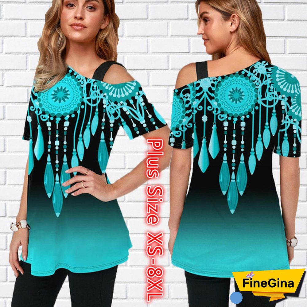Womens Tops Femme Blouse Tribal Print Short Sleeve Gradient T Shirt Plus Size XS-8XL