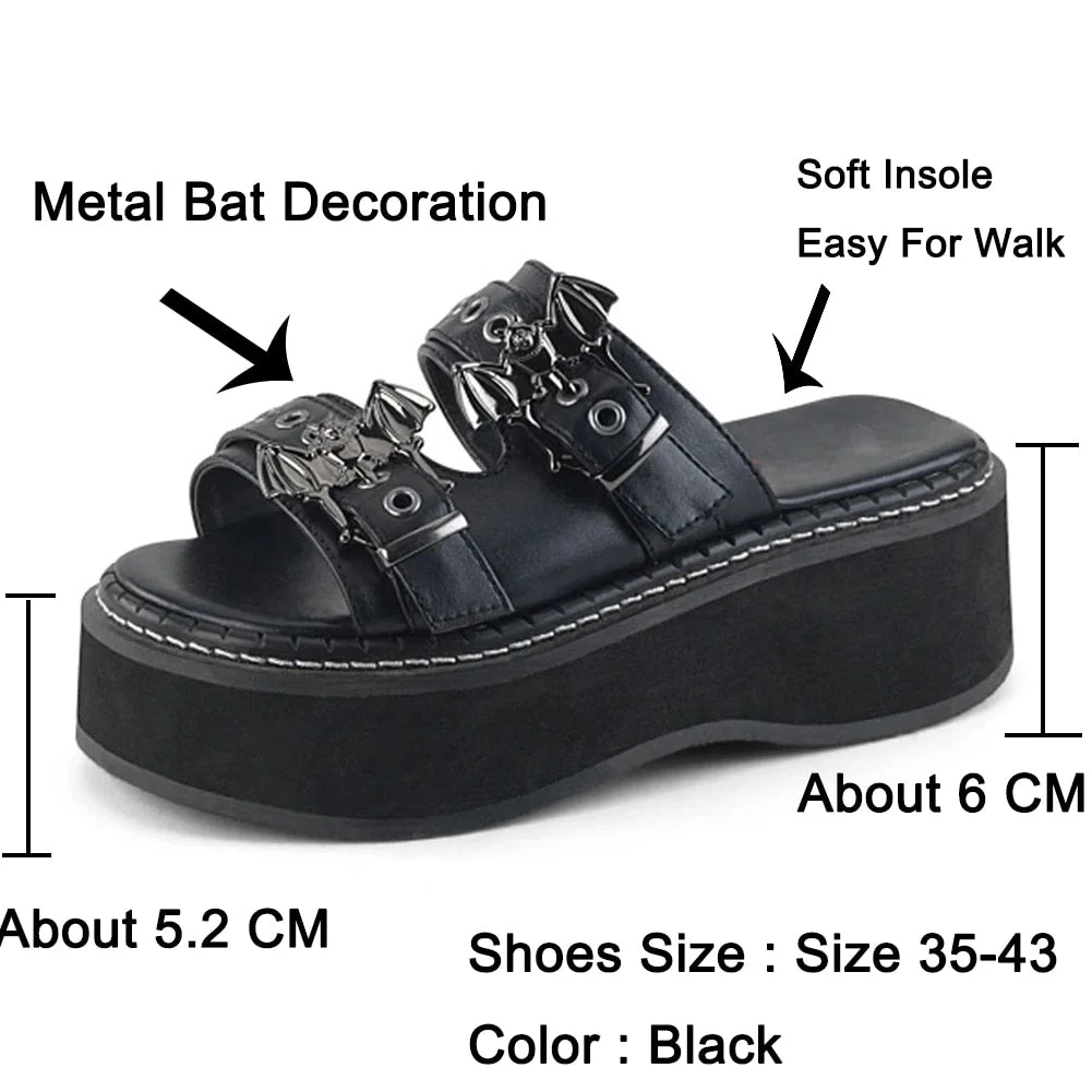 Big Size 43 Brand Punk Goth Devil Bat Platform Wedges Non-Slip Women's Slippers Casual Leisure Comfy Summer Stylish Women Shoes