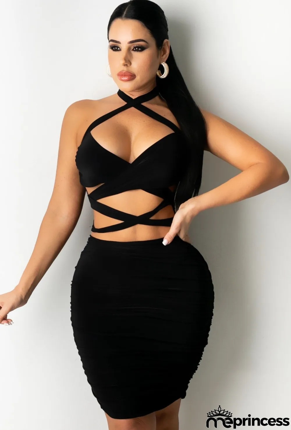 Summer Sexy Cut Out Black Halter Ruched Mini Dress