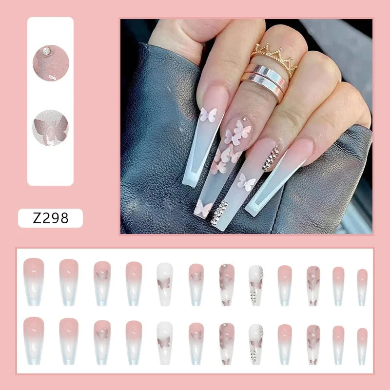 24Pcs Silver Pink Gradient Long Ballet False Nails With Butterfly Heart Design Detachable Matte Press On Nail Wear Manicure Tips