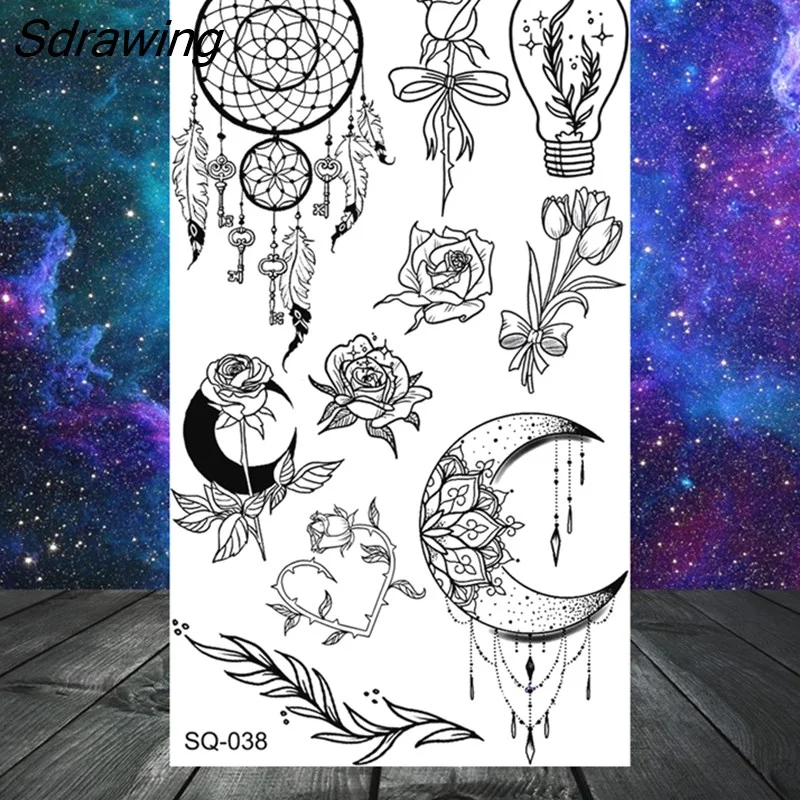 Sdrawing Bow Henna Crown Temporary Tattoos For Women Adult Girl Kids Butterfly Dream Catcher Fake Tattoo Neck Arm Hands Small Tatoo