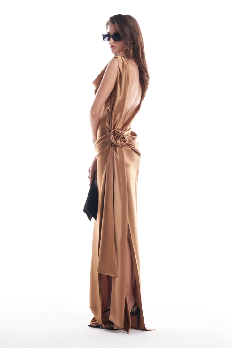 High Quality Satin Dignified Flowers Dress Split Dress