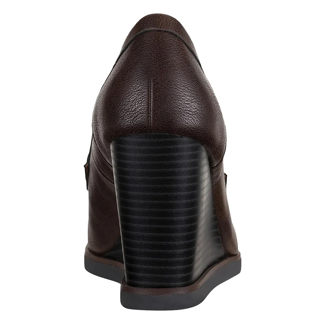 Vegan Leather Dark Brown Loafers with Wedge Heel for Women