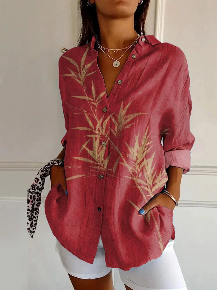 Japanese Classic Red Bamboo Print Casual Long-sleeved Shirt
