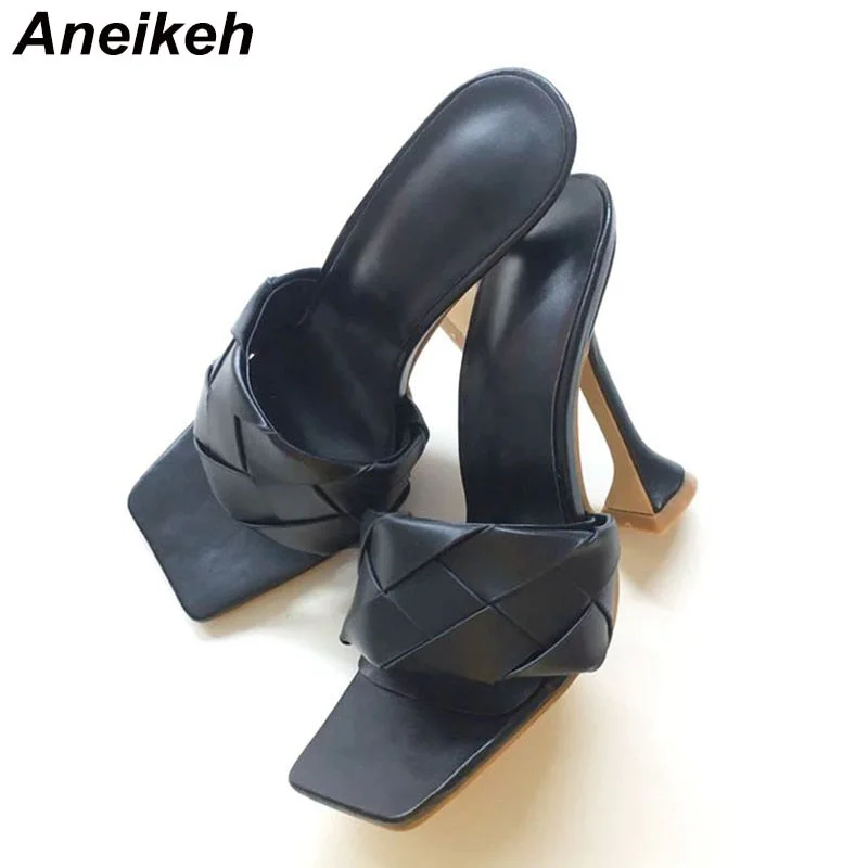Aneikeh NEW Sexy PU Woven Fabric Women Mules Summer Head Peep Toe Hoof Heels Fashion Slip On Slides Ladies Party Pumps Shoe 42