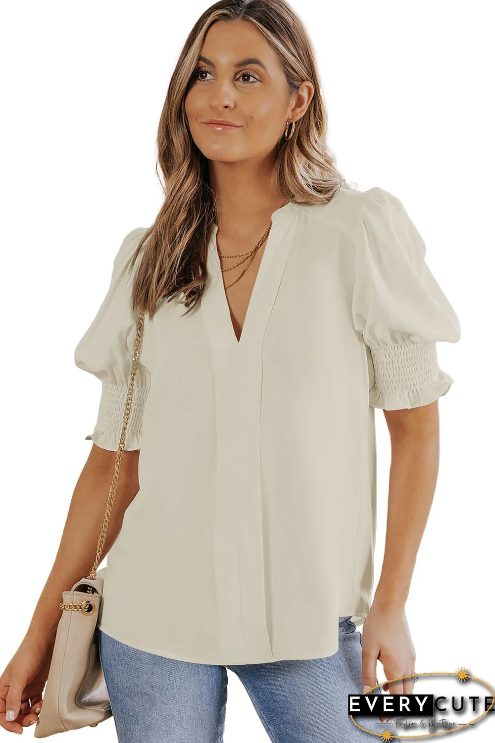 Apricot Solid Color Half Sleeve V Neck Blouse