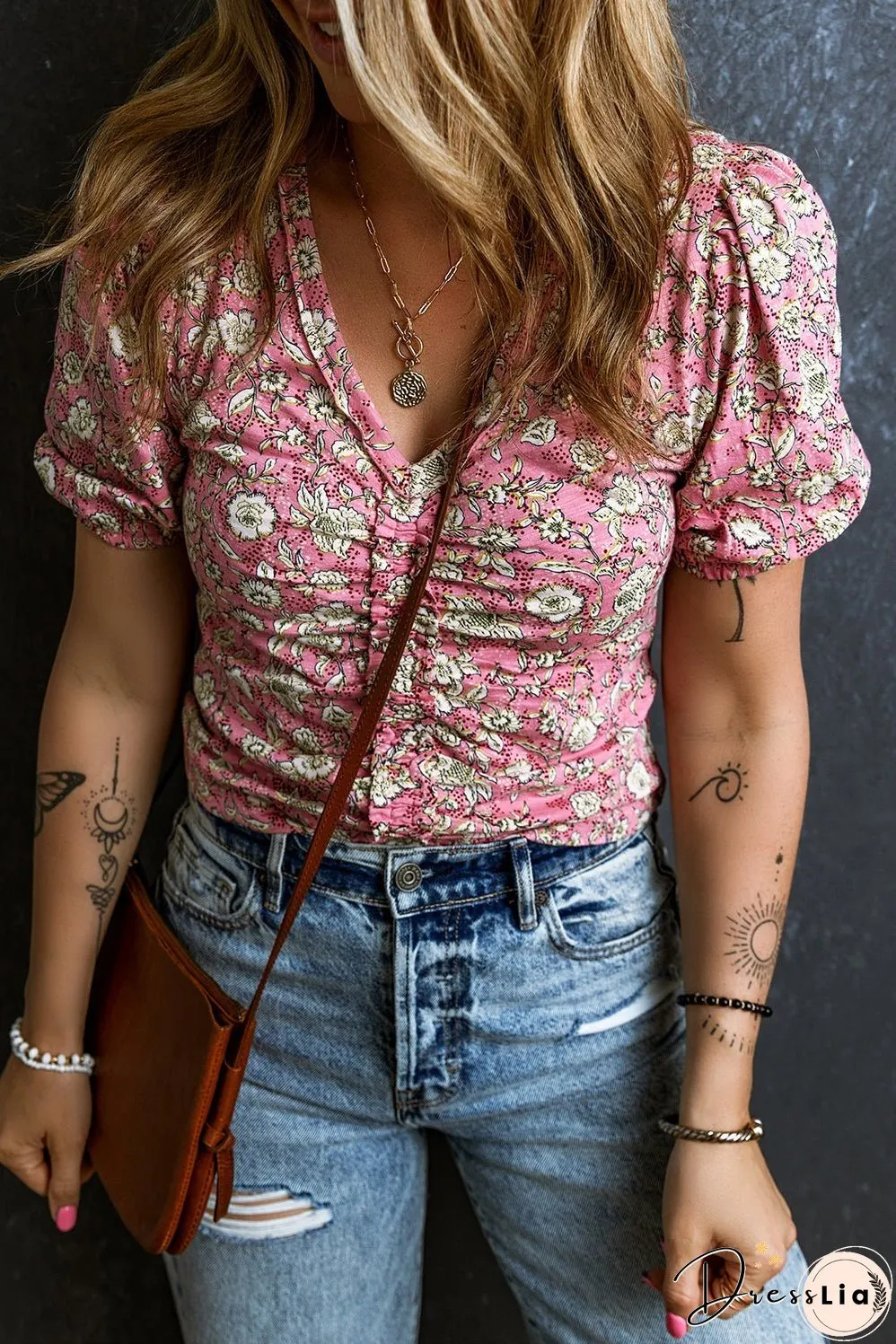Floral Short V Neck Ruched Blouse