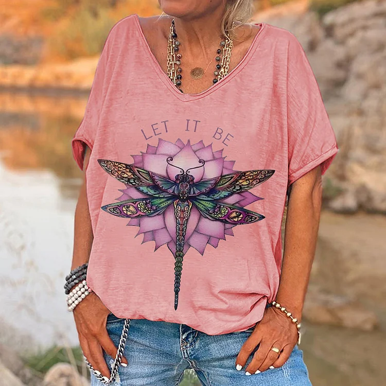 Let It Be Dragonfly Floral Printed Women's T-shirt