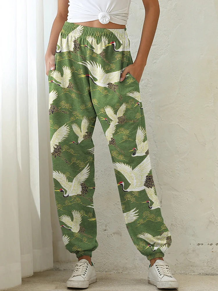 Cranes & Pine Trees Japanese Traditional Pattern Cozy Sweatpants