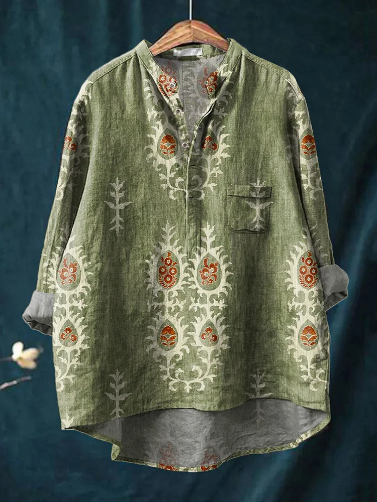 Women's Vintage Ethnic Pattern Art Print Casual Long Sleeve Comfortable Cotton Shirt