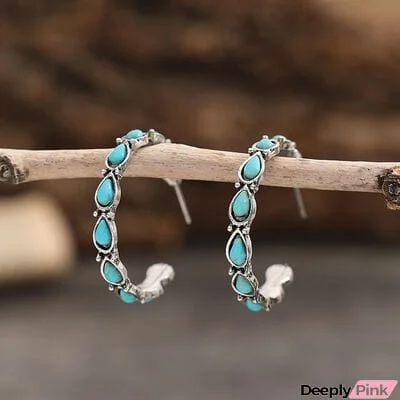 Artificial Turquoise Silver-Plated Hoop Earrings