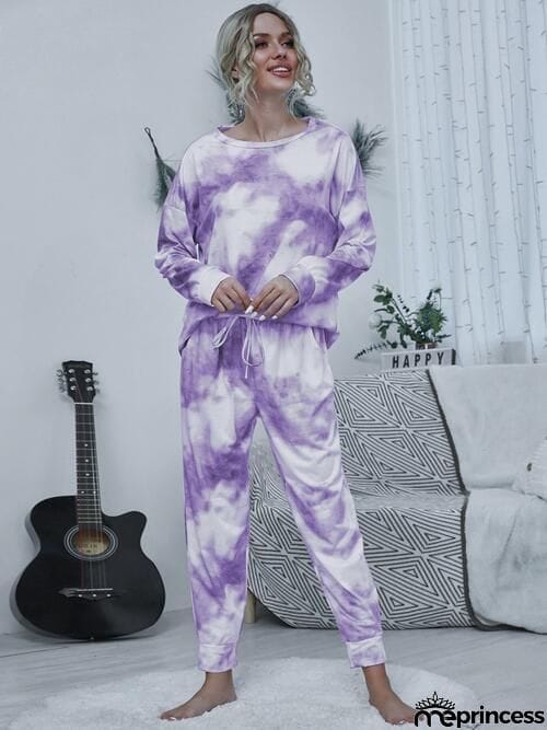 Tie-dye Round Neck Top and Drawstring Pants Lounge Set