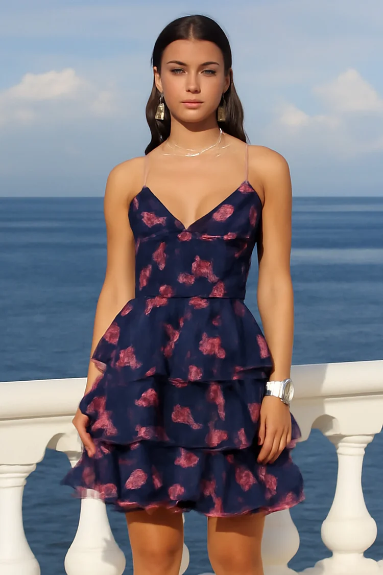 V Neck Abstract Print Tiered Ruffled Hem Slip Mini Dresses-Navy [Pre Order]