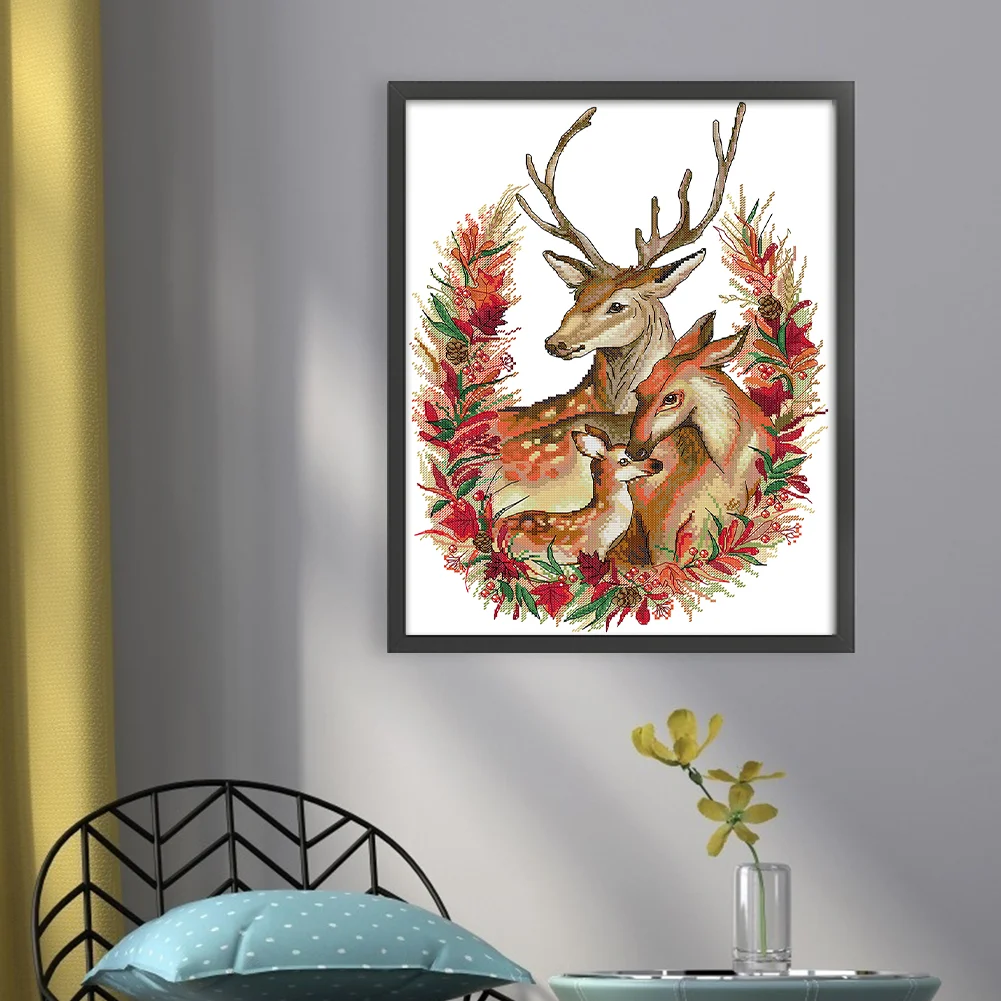 DIY Stamped Cross Stitch 14CT Partial Embroidery 36*47cm - Christmas Deer Family