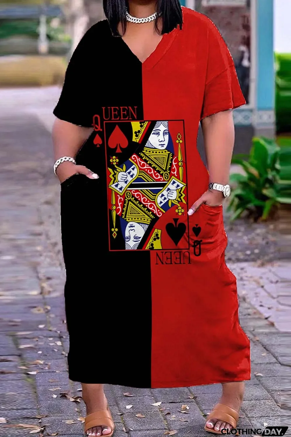 Blue Casual Print Basic V Neck Short Sleeve Dress Dresses