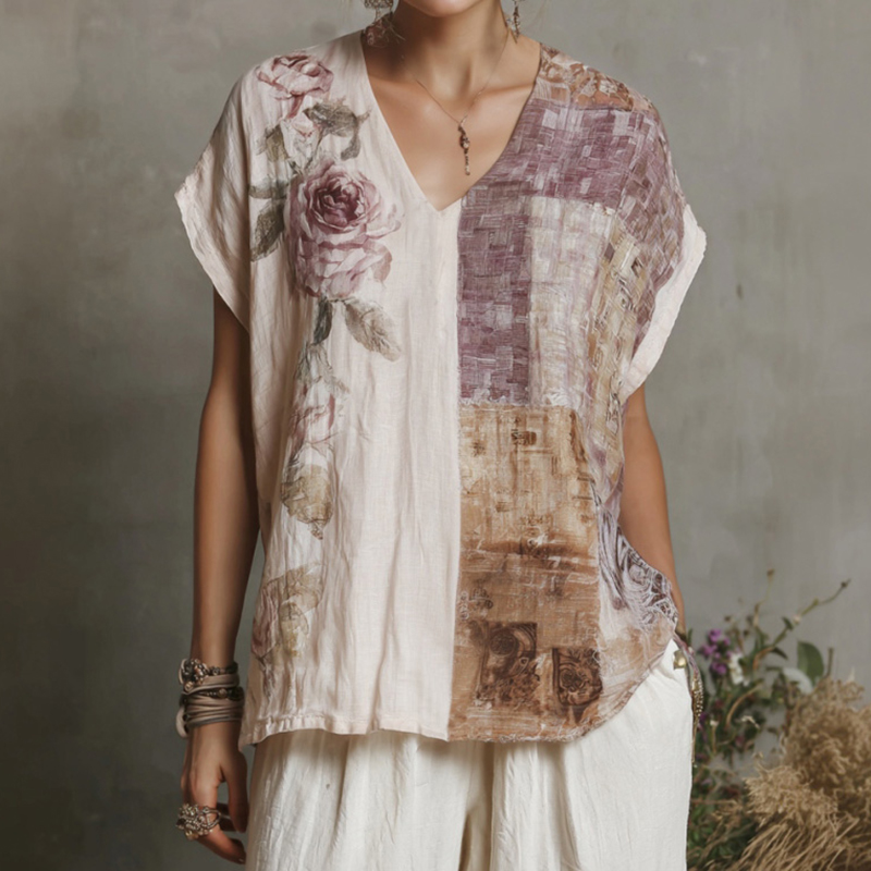 Women's Vintage Rose And Natural Texture Print Linen Blend V-neck T-shirt elevenforest